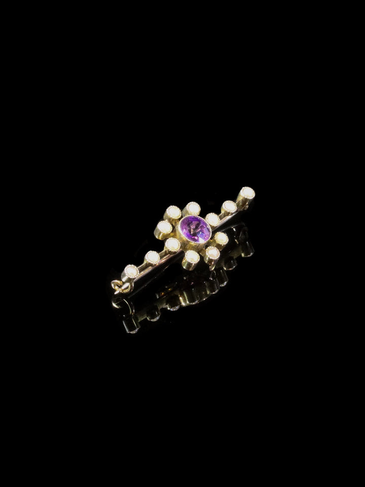 9ct Gold Amethyst and Pearl Brooch with Milgrain Settings