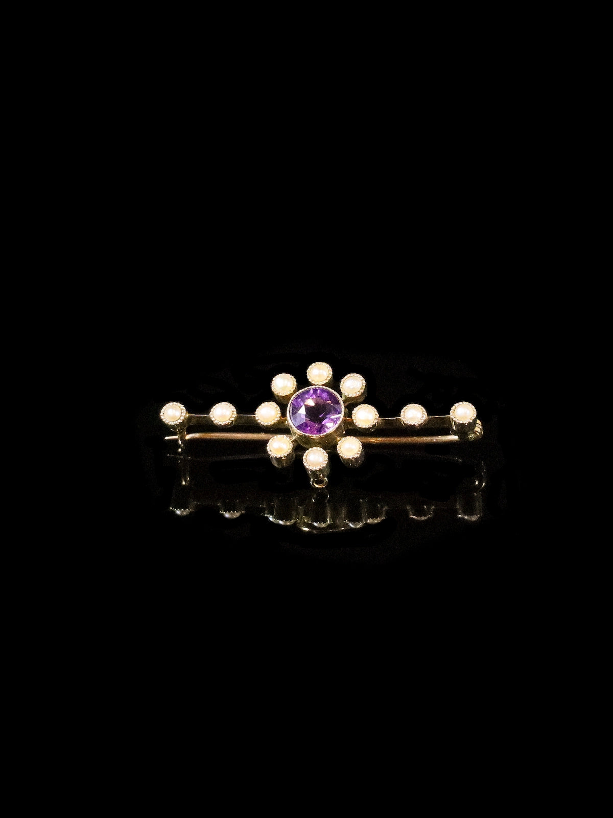 9ct Gold Amethyst and Pearl Brooch with Milgrain Settings