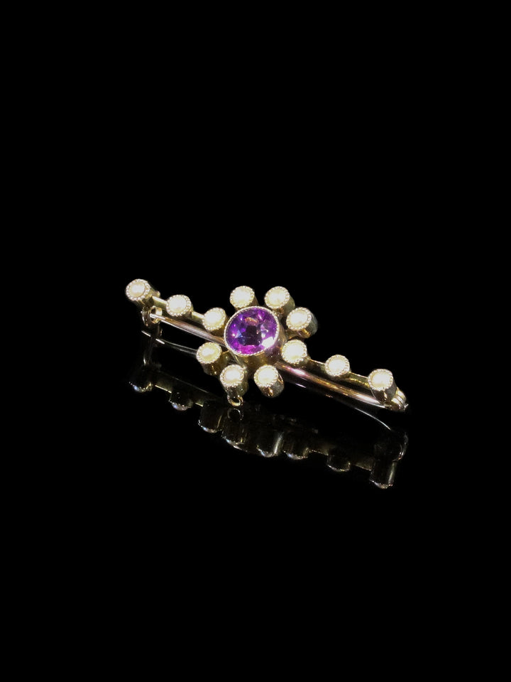 9ct Gold Amethyst and Pearl Brooch with Milgrain Settings