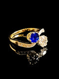 18ct Gold and Platinum Sapphire and Old Cut Diamond Crossover Ring