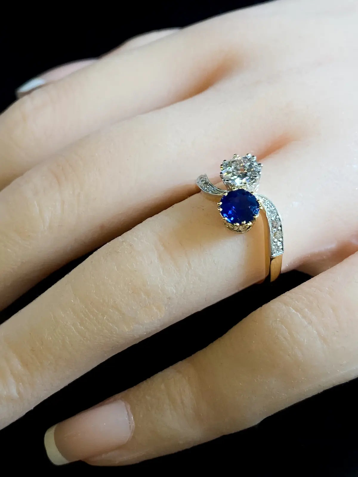 18ct Gold and Platinum Sapphire and Old Cut Diamond Crossover Ring