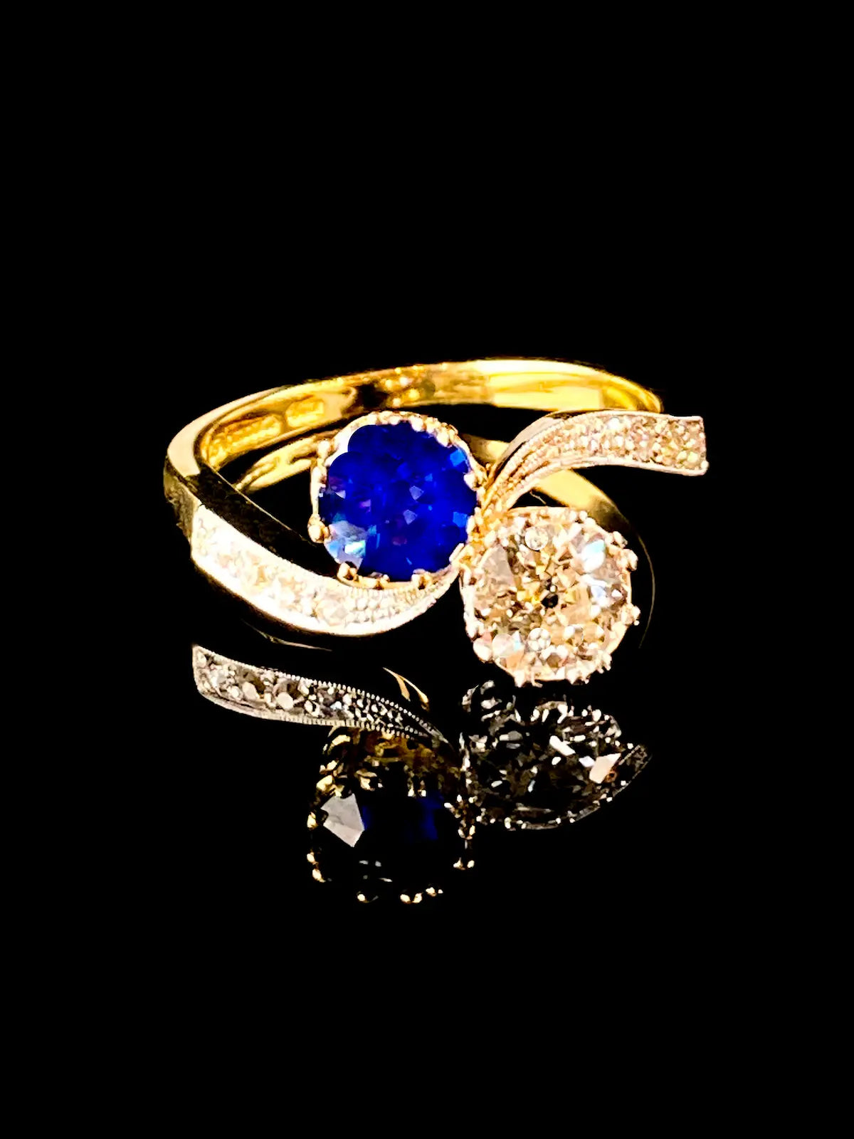 18ct Gold and Platinum Sapphire and Old Cut Diamond Crossover Ring