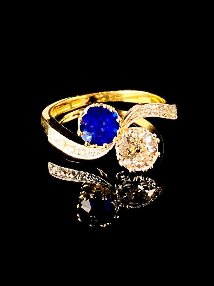 18ct Gold and Platinum Sapphire and Old Cut Diamond Crossover Ring