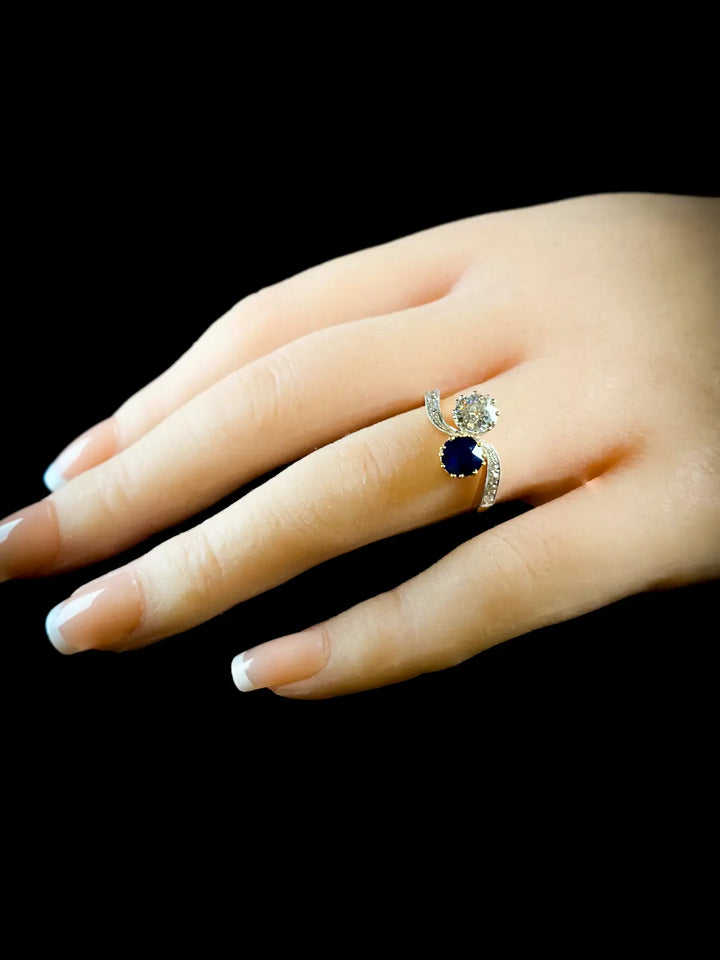 18ct Gold and Platinum Sapphire and Old Cut Diamond Crossover Ring