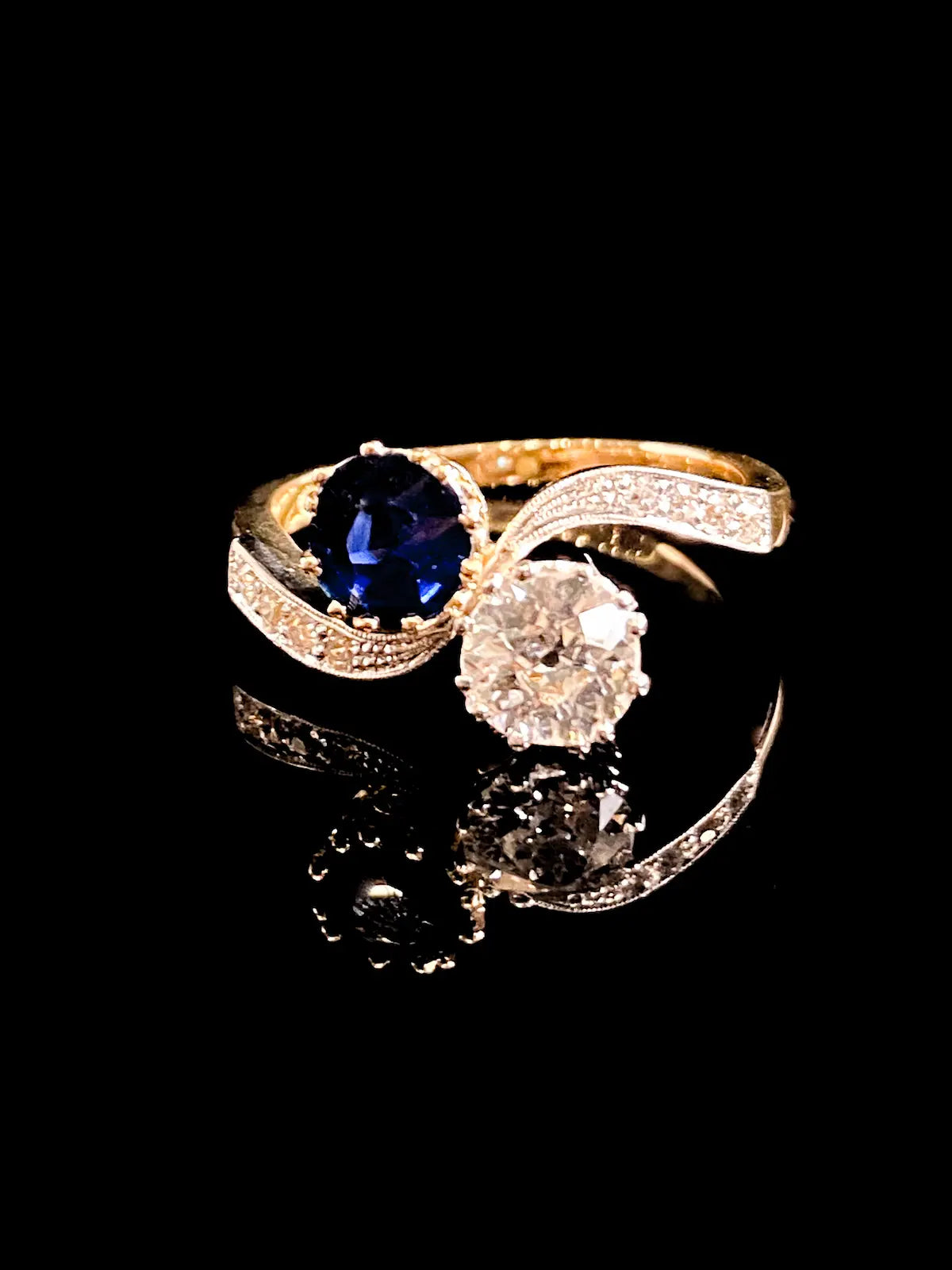 18ct Gold and Platinum Sapphire and Old Cut Diamond Crossover Ring