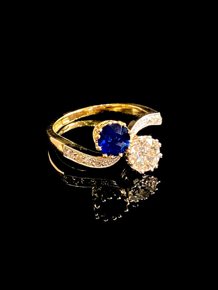18ct Gold and Platinum Sapphire and Old Cut Diamond Crossover Ring