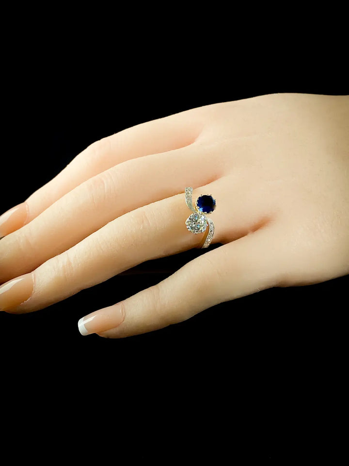18ct Gold and Platinum Sapphire and Old Cut Diamond Crossover Ring