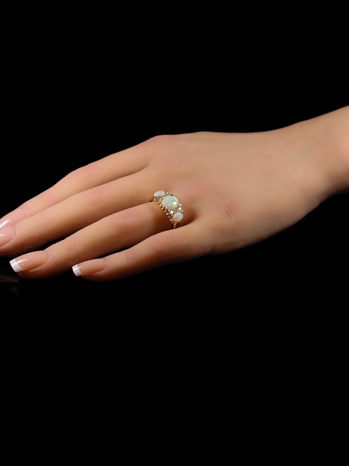 18ct Yellow Gold Three Stone Opal and Diamond Dress Ring