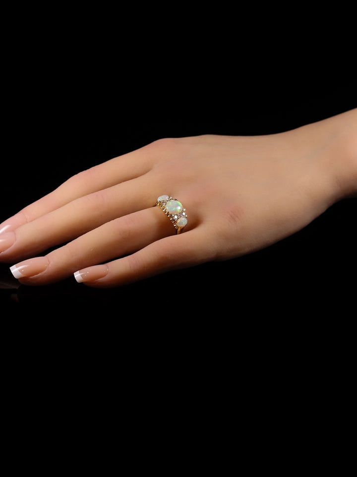 18ct Yellow Gold Three Stone Opal and Diamond Dress Ring