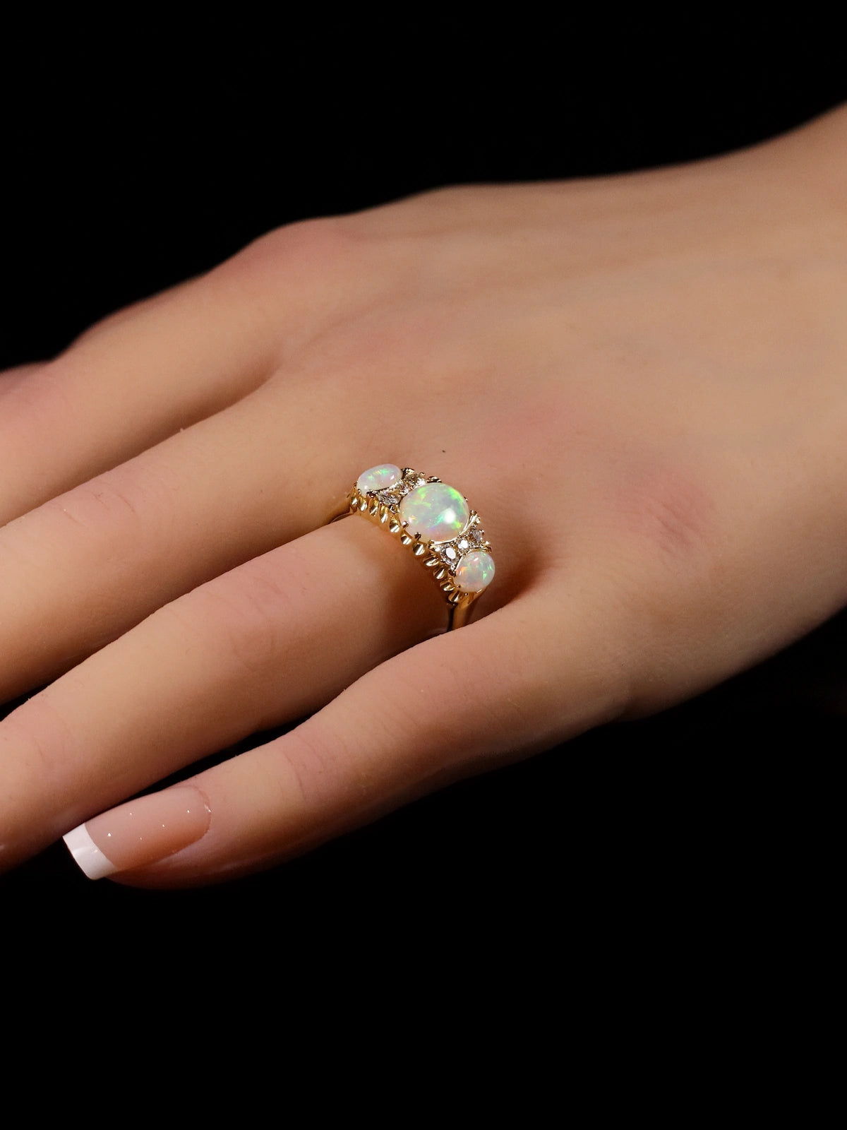 18ct Yellow Gold Three Stone Opal and Diamond Dress Ring