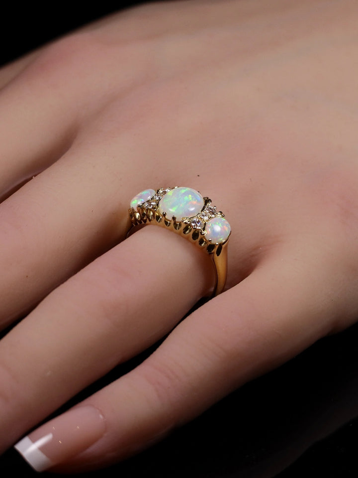 18ct Yellow Gold Three Stone Opal and Diamond Dress Ring