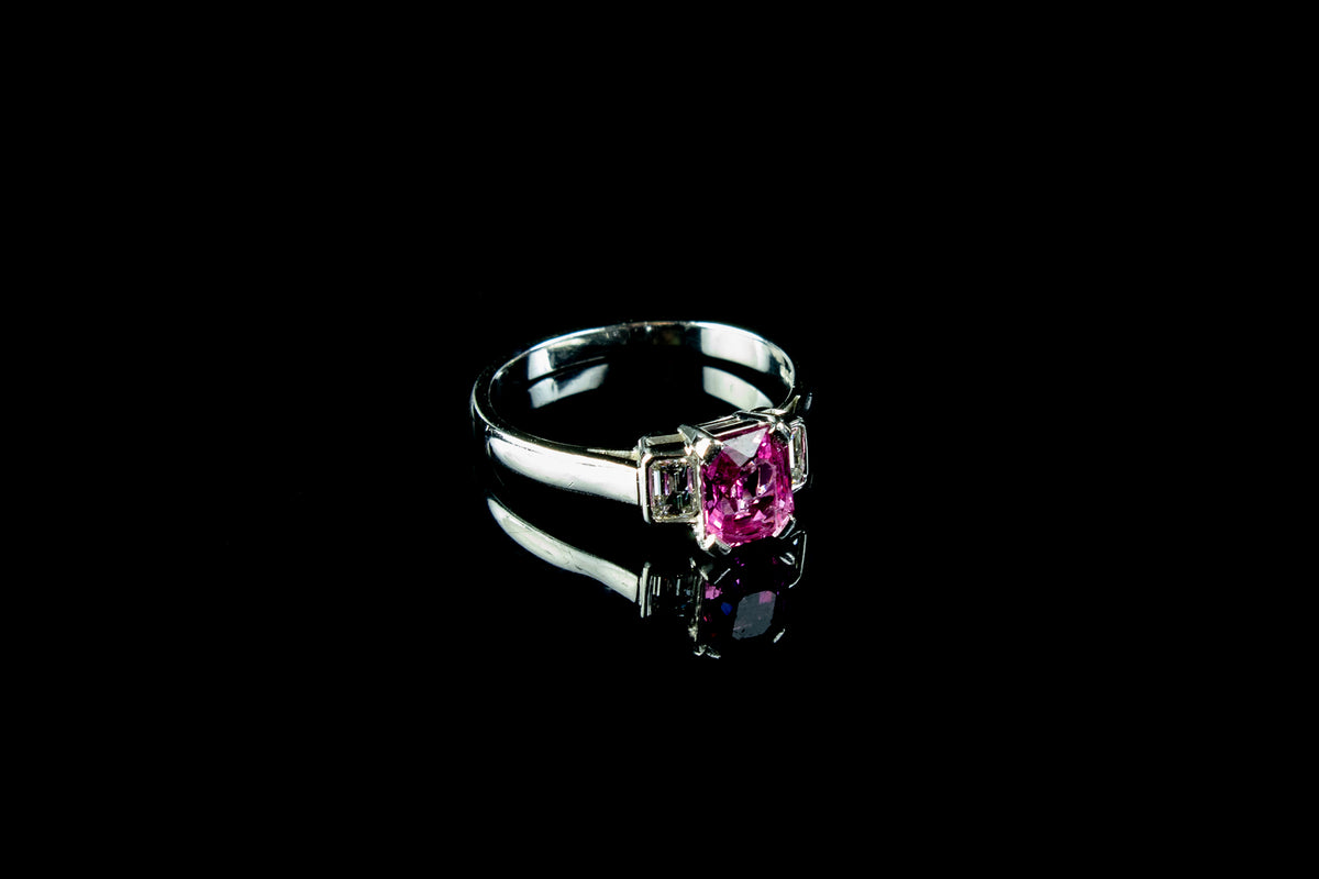 Platinum Three Stone Diamond and 1.00ct Pink Sapphire Ring