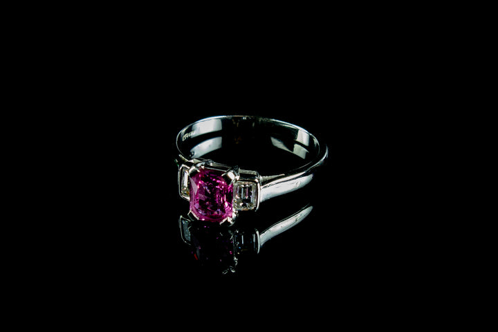 Platinum Three Stone Diamond and 1.00ct Pink Sapphire Ring