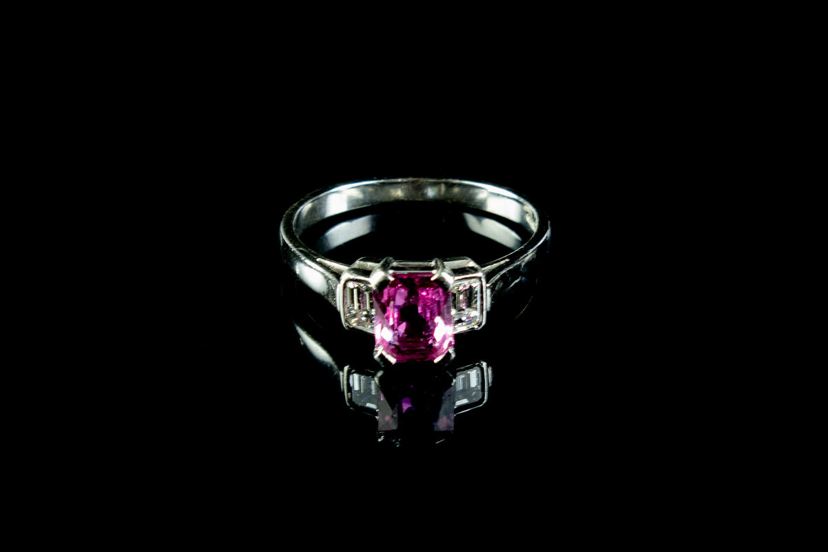Platinum Three Stone Diamond and 1.00ct Pink Sapphire Ring