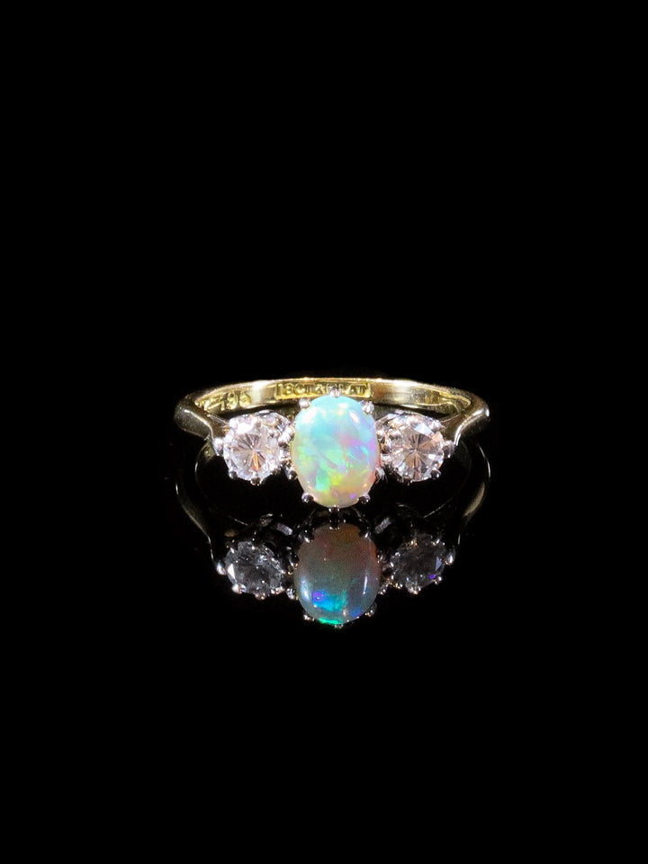 18ct Gold and Platinum Oval Opal and Diamond Three Stone Ring