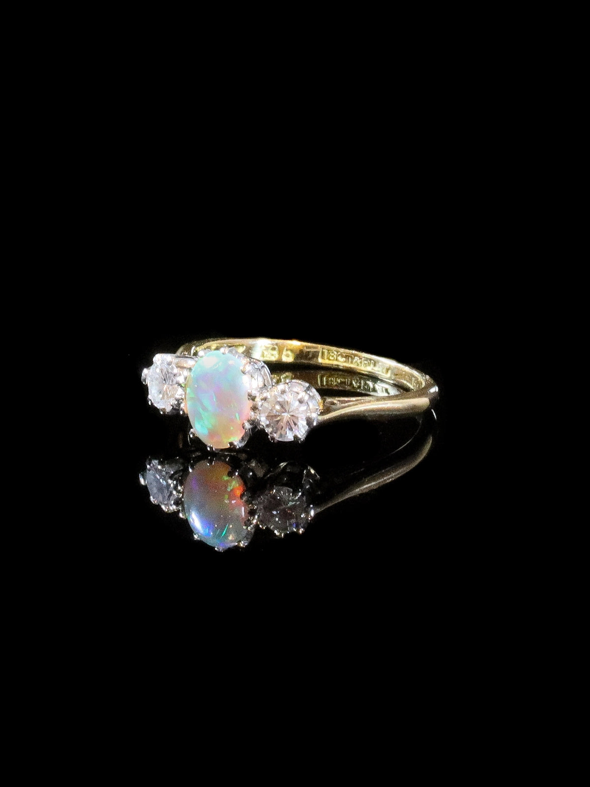 18ct Gold and Platinum Oval Opal and Diamond Three Stone Ring