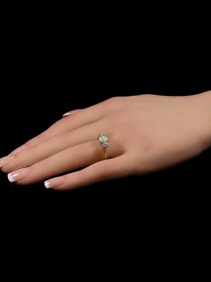 18ct Gold and Platinum Oval Opal and Diamond Three Stone Ring