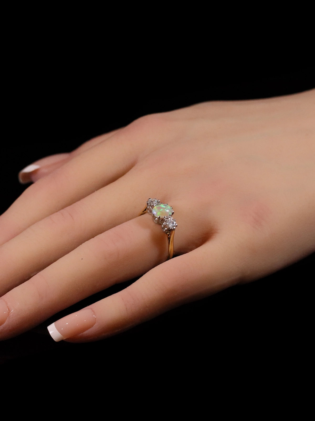 18ct Gold and Platinum Oval Opal and Diamond Three Stone Ring