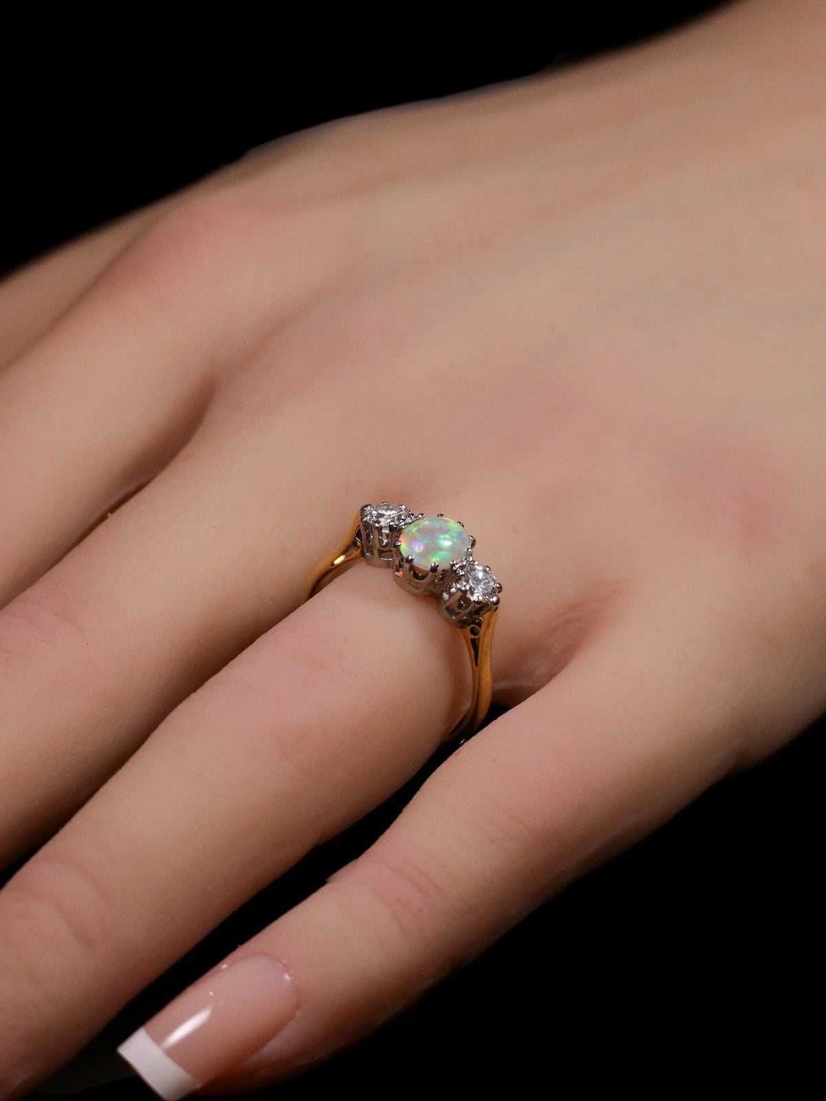 18ct Gold and Platinum Oval Opal and Diamond Three Stone Ring