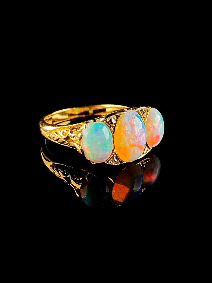 Vintage 18ct Gold Three Stone Opal and Diamond Ring