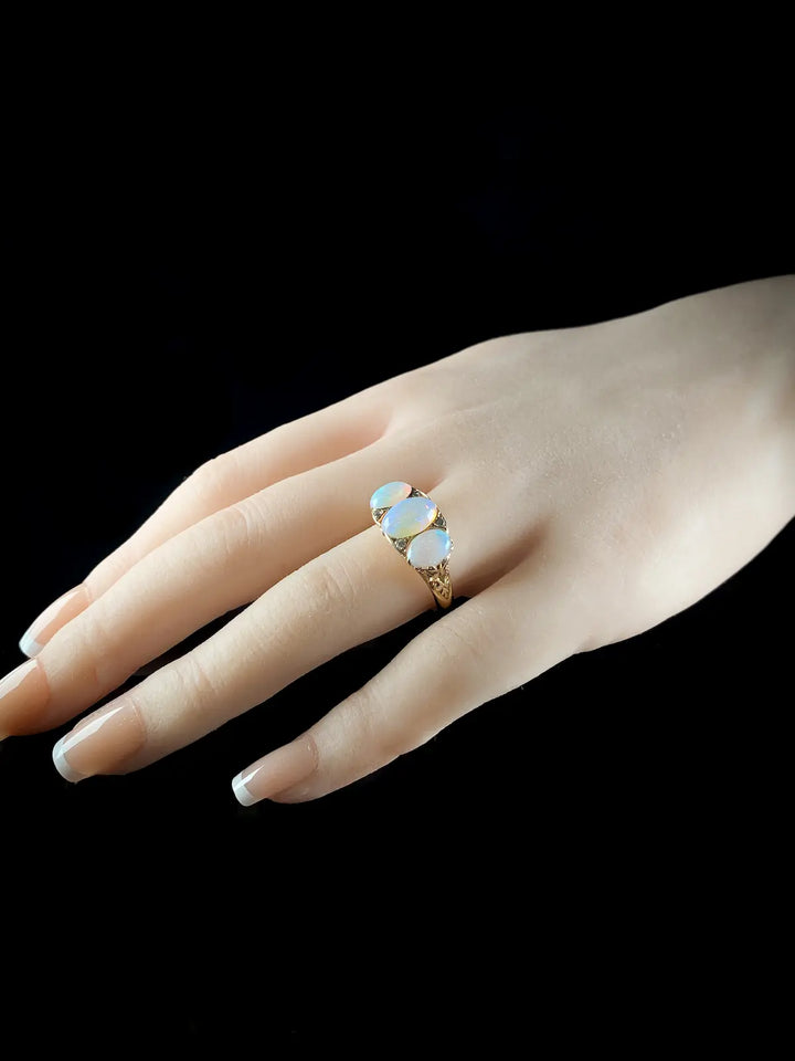 Vintage 18ct Gold Three Stone Opal and Diamond Ring
