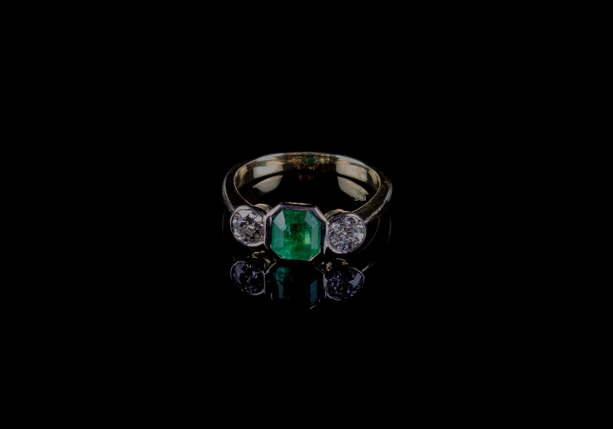 18ct Gold Three Stone Old Cut Diamond and Emerald Ring