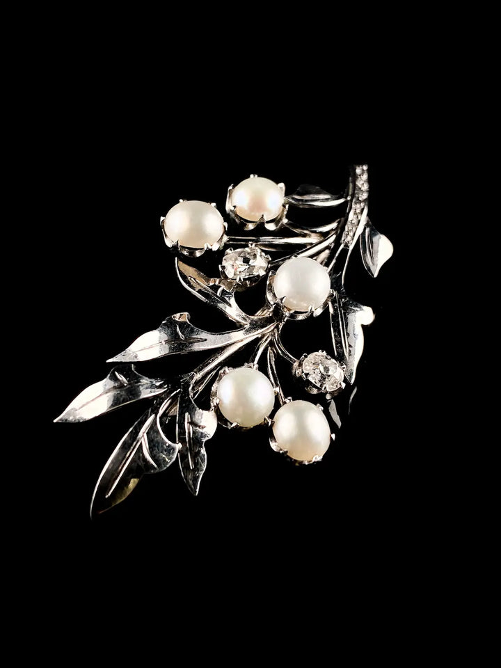 18ct White Gold Pearl and Diamond Leaf Brooch, Circa 1940