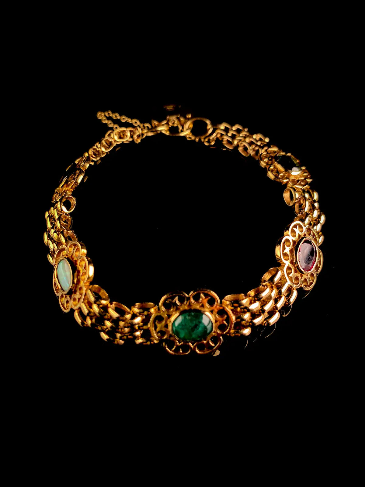 Vintage 9ct Gold Sapphire, Emerald, Opal, Garnet and Peridot Stone Set Bracelet with Heart Shaped Padlock Clasp