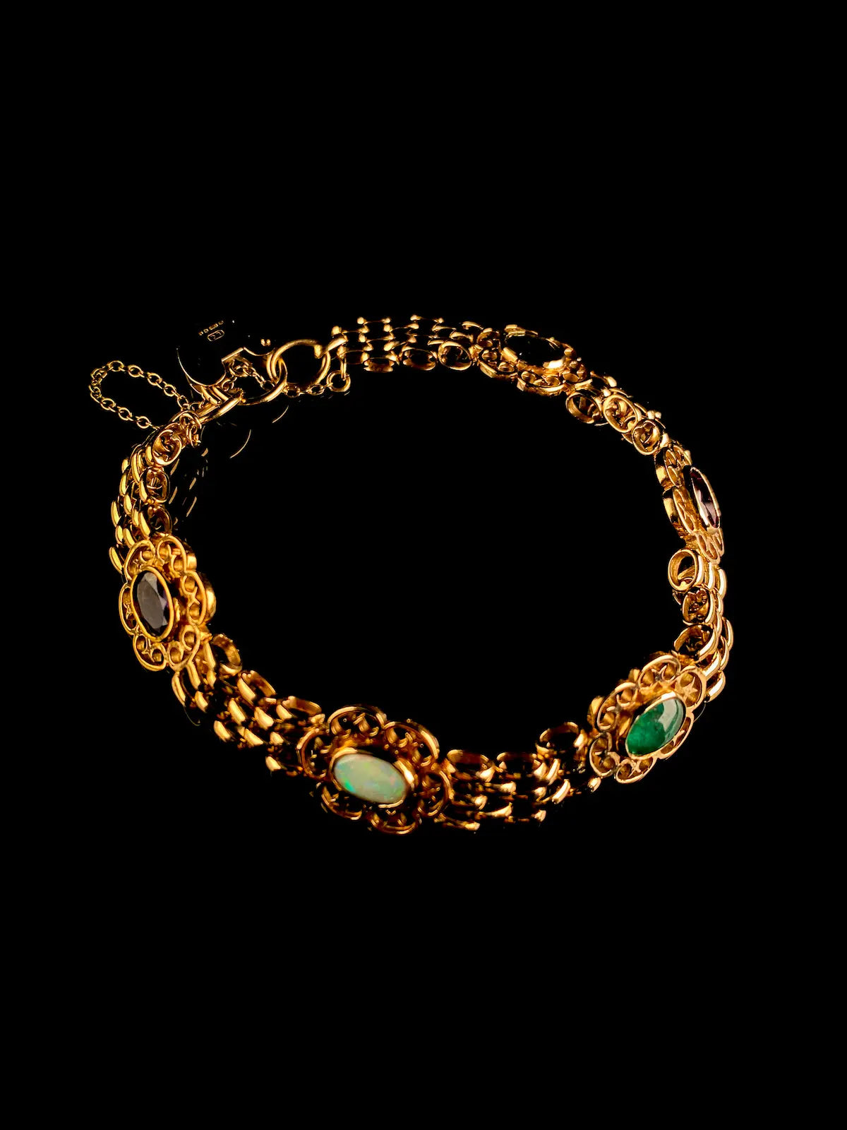 Vintage 9ct Gold Sapphire, Emerald, Opal, Garnet and Peridot Stone Set Bracelet with Heart Shaped Padlock Clasp