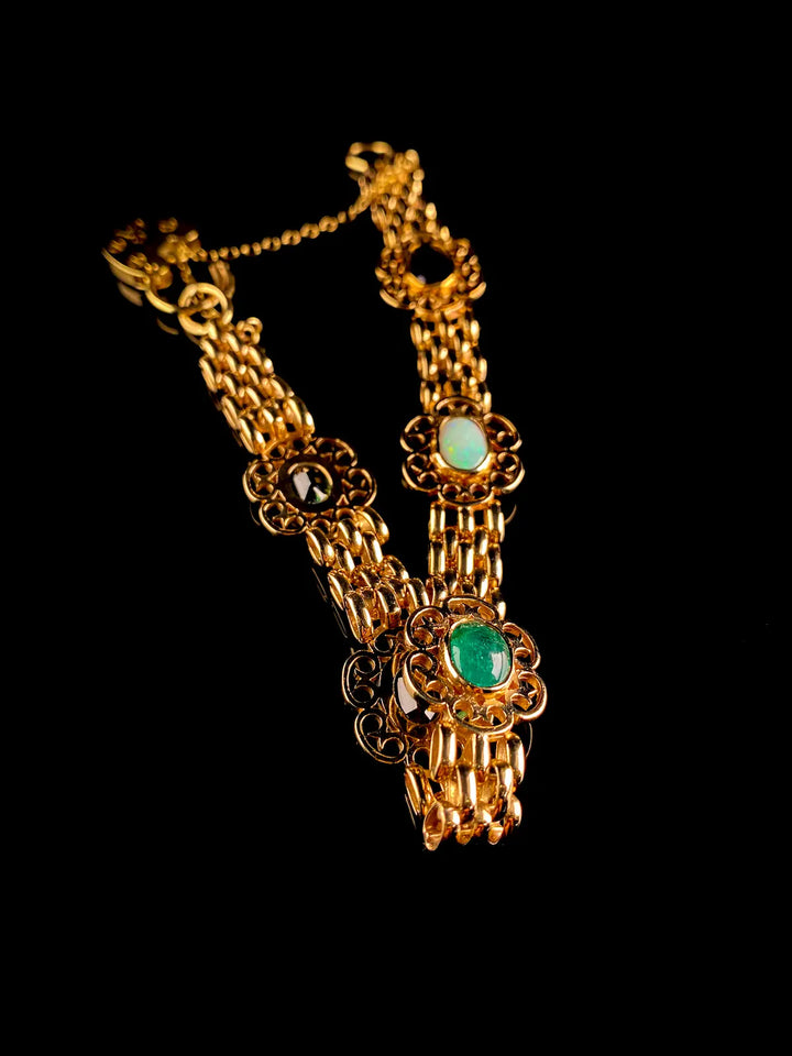 Vintage 9ct Gold Sapphire, Emerald, Opal, Garnet and Peridot Stone Set Bracelet with Heart Shaped Padlock Clasp