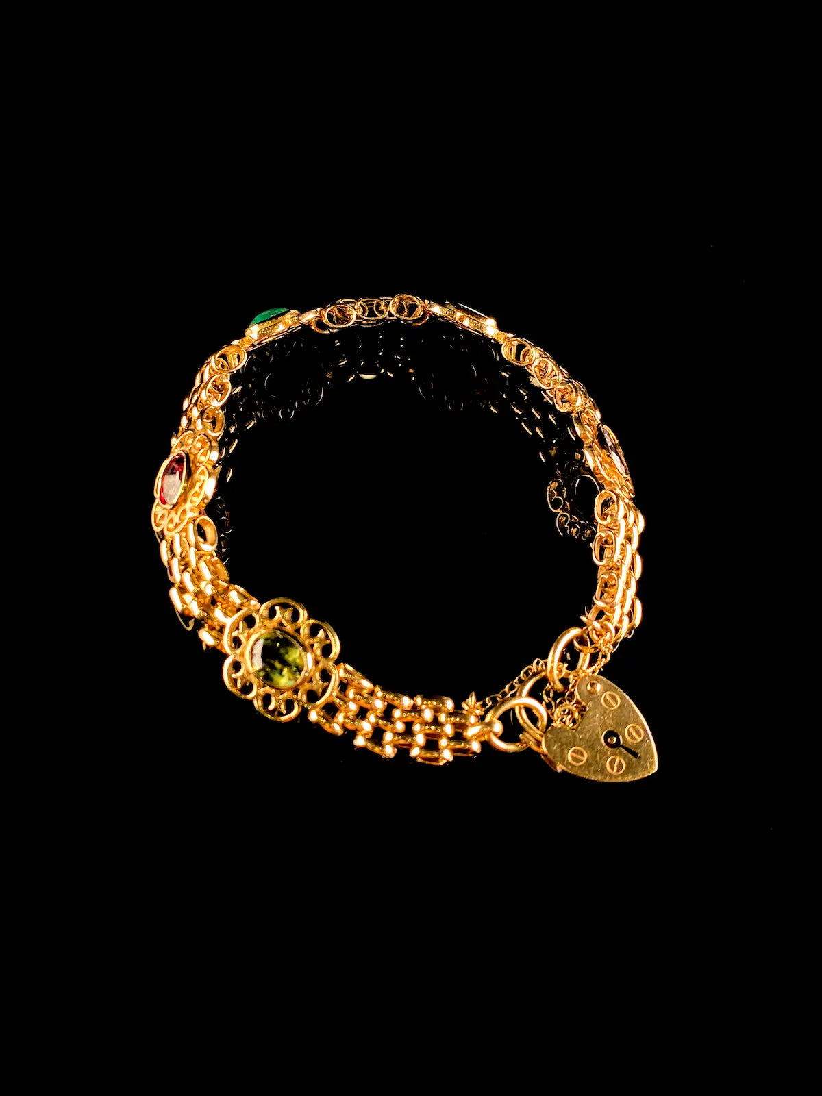 Vintage 9ct Gold Sapphire, Emerald, Opal, Garnet and Peridot Stone Set Bracelet with Heart Shaped Padlock Clasp