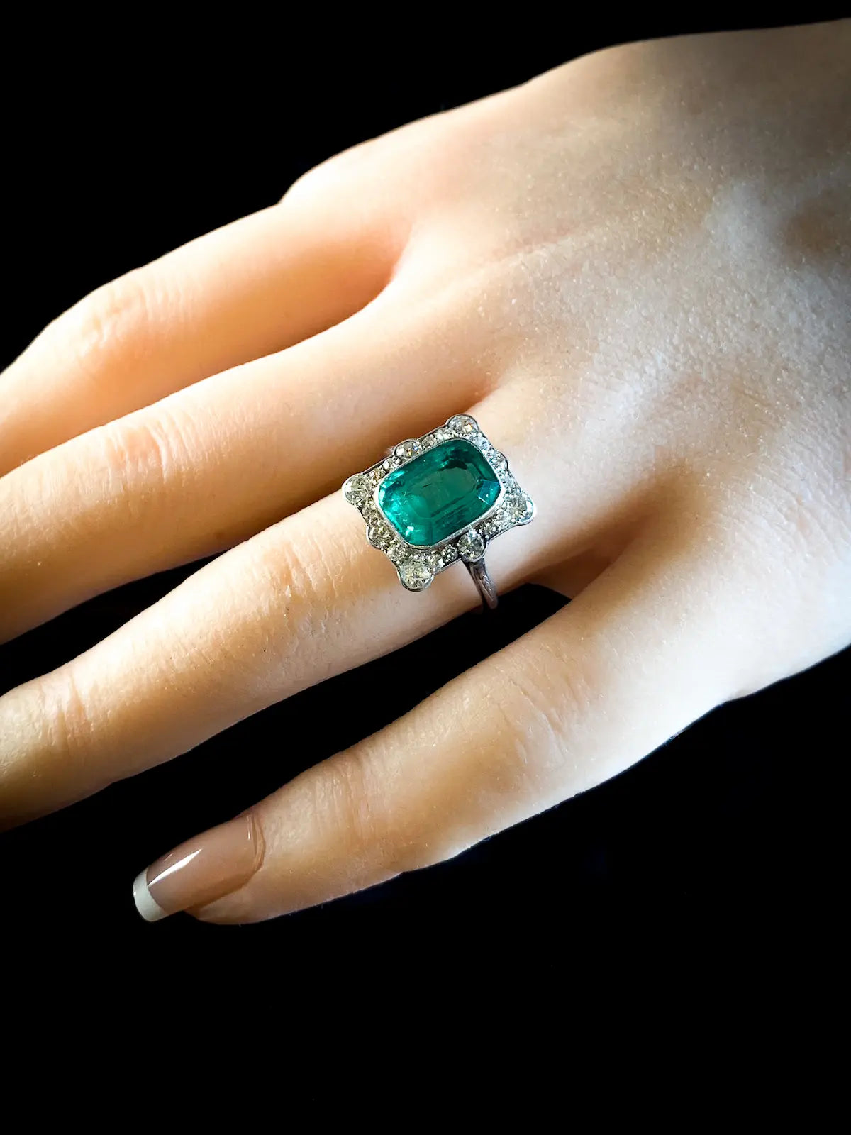 Antique Art Deco Platinum 3.10ct Emerald and Diamond Cluster Ring, Circa 1920