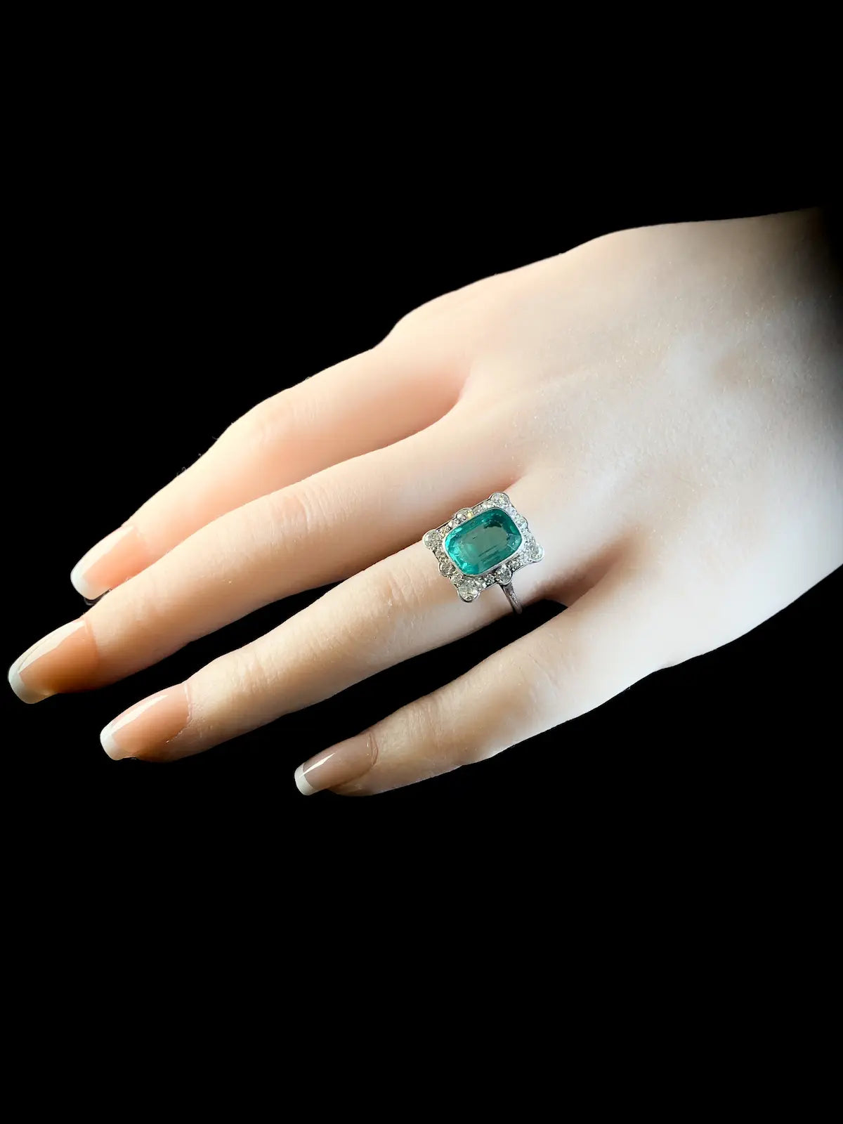 Antique Art Deco Platinum 3.10ct Emerald and Diamond Cluster Ring, Circa 1920