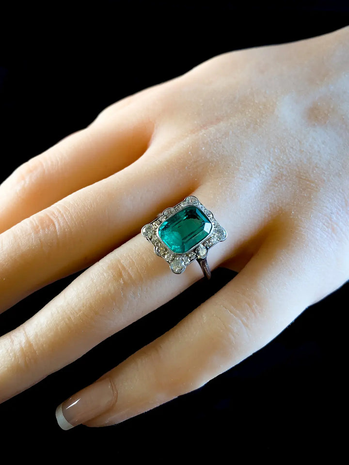 Antique Art Deco Platinum 3.10ct Emerald and Diamond Cluster Ring, Circa 1920
