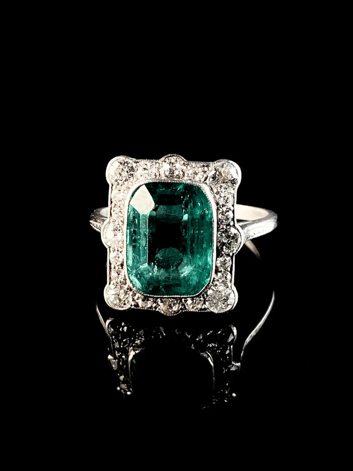 Antique Art Deco Platinum 3.10ct Emerald and Diamond Cluster Ring, Circa 1920
