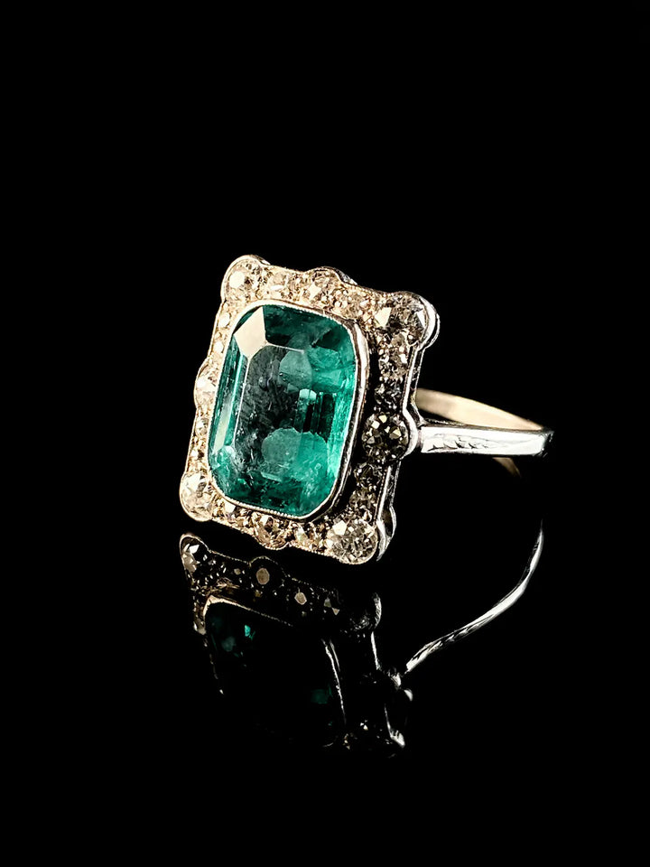 Antique Art Deco Platinum 3.10ct Emerald and Diamond Cluster Ring, Circa 1920