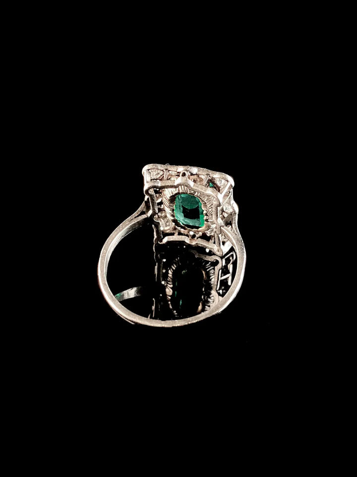 Antique Art Deco Platinum 3.10ct Emerald and Diamond Cluster Ring, Circa 1920