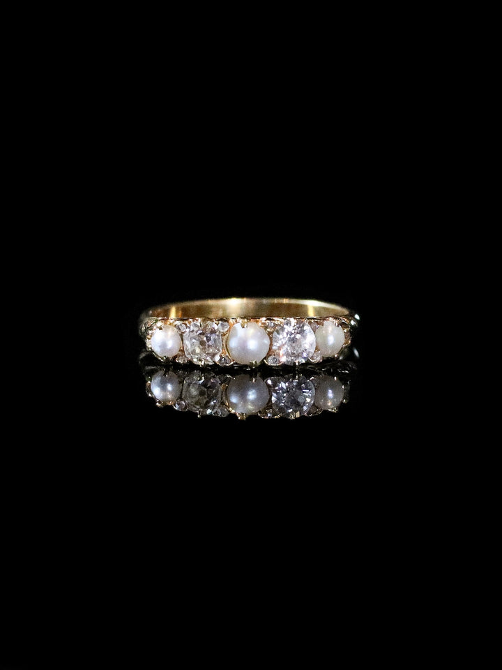 Antique 18ct Yellow Gold Pearl and Diamond Five-Stone Ring