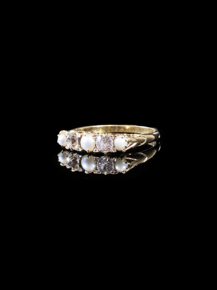 Antique 18ct Yellow Gold Pearl and Diamond Five-Stone Ring
