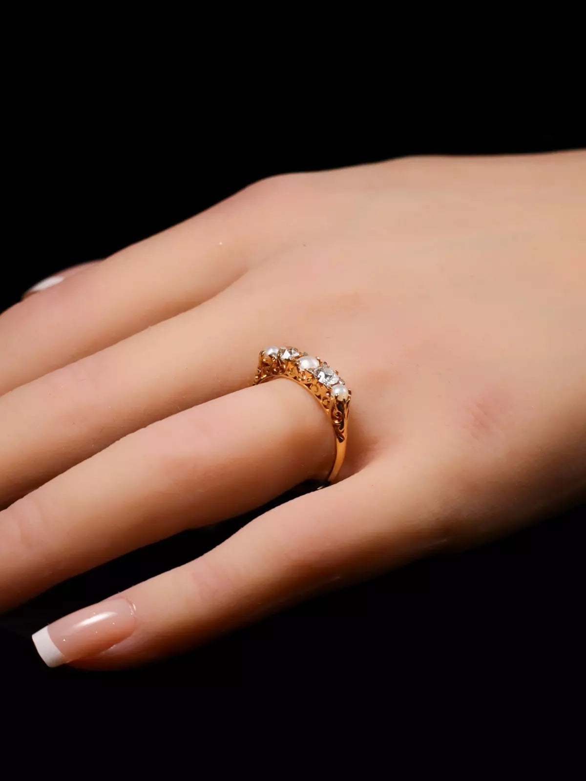 Antique 18ct Yellow Gold Pearl and Diamond Five-Stone Ring