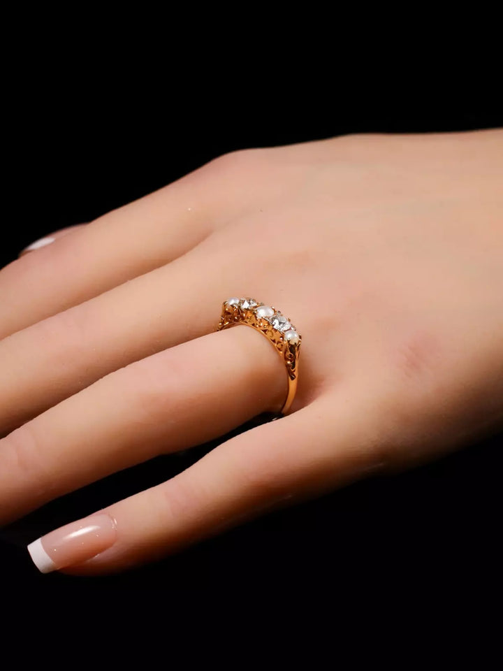 Antique 18ct Yellow Gold Pearl and Diamond Five-Stone Ring