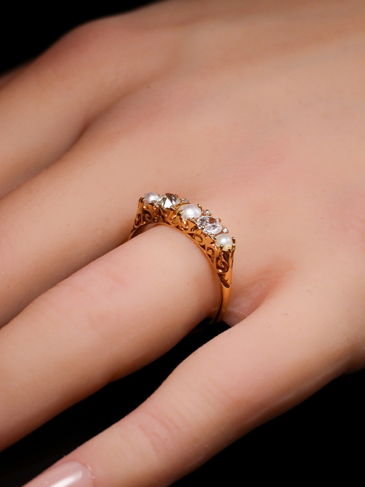Antique 18ct Yellow Gold Pearl and Diamond Five-Stone Ring