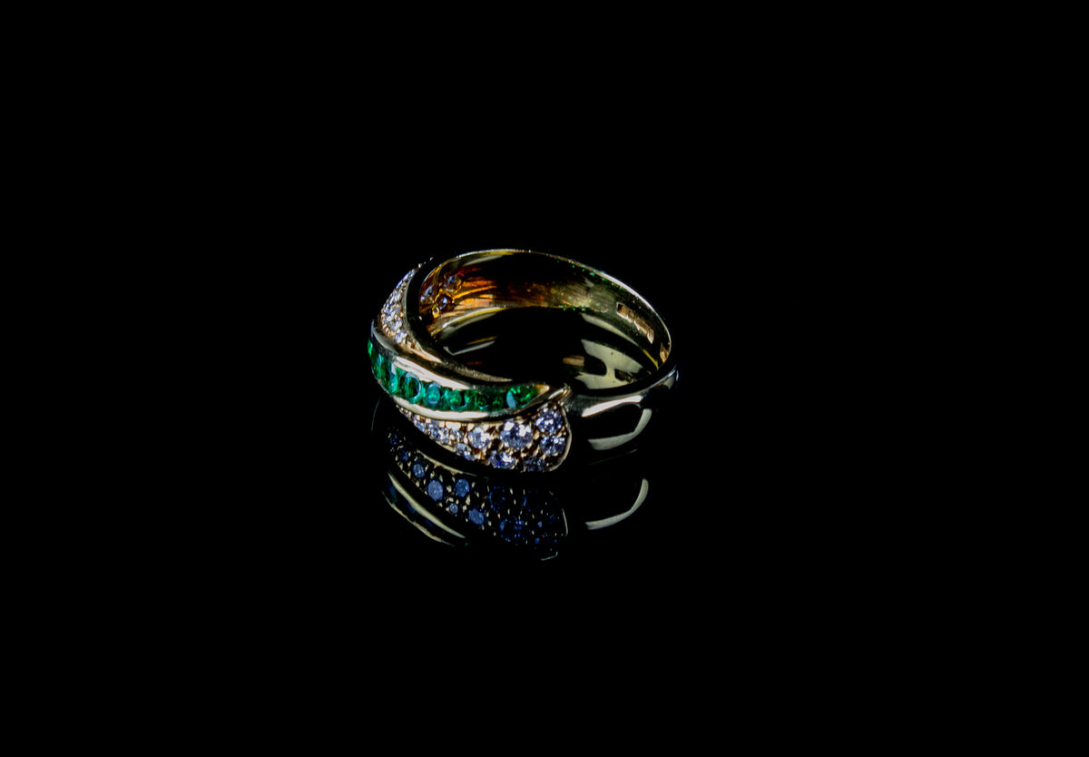 18ct Yellow Gold Emerald and Diamond Twist Dress Ring