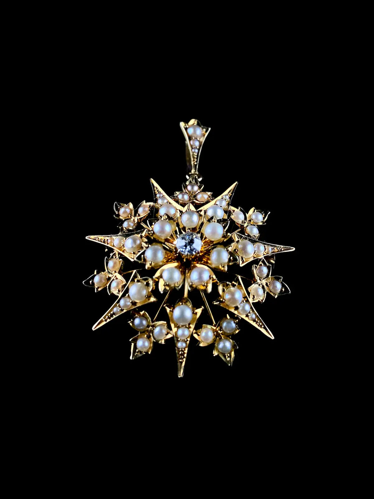 Antique Victorian 15ct Yellow Gold Starburst Diamond and Pearl Brooch/Pendant