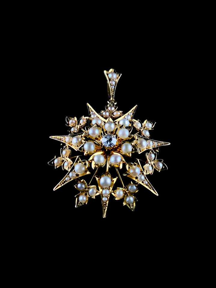 Antique Victorian 15ct Yellow Gold Starburst Diamond and Pearl Brooch/Pendant