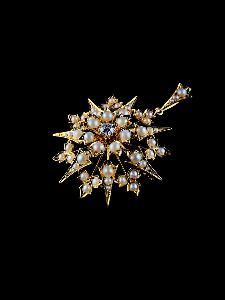 Antique Victorian 15ct Yellow Gold Starburst Diamond and Pearl Brooch/Pendant