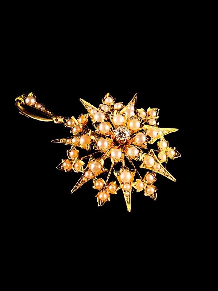 Antique Victorian 15ct Yellow Gold Starburst Diamond and Pearl Brooch/Pendant