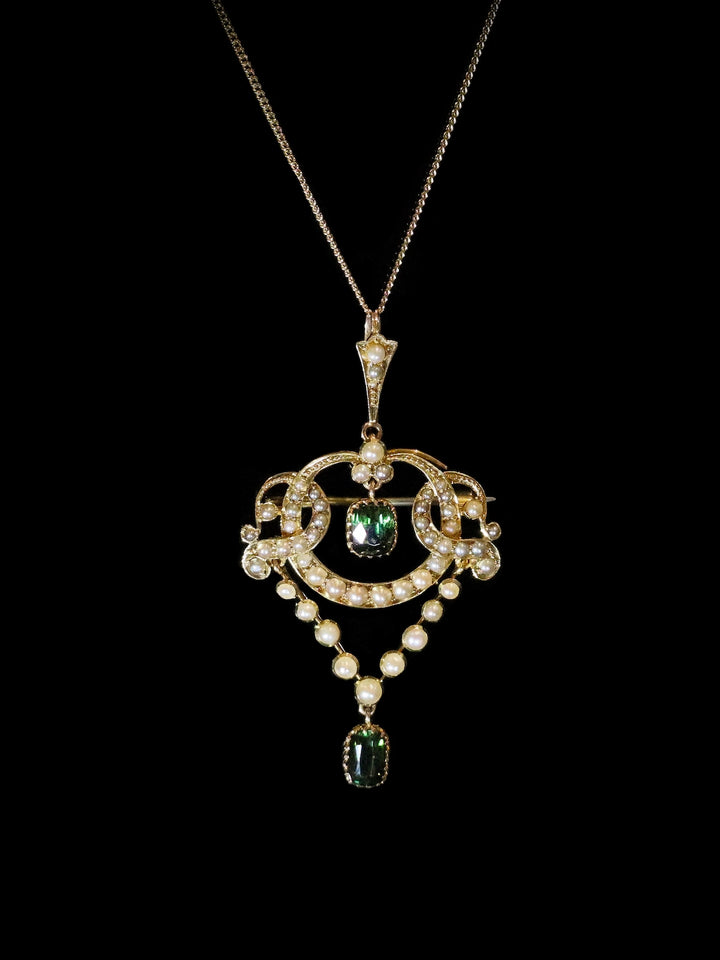 Antique 15ct Yellow Gold Green Tourmaline and Pearl Pendant