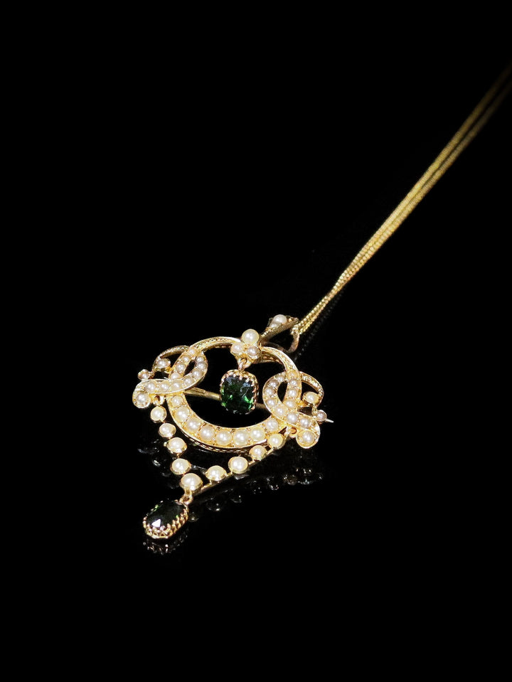Antique 15ct Yellow Gold Green Tourmaline and Pearl Pendant