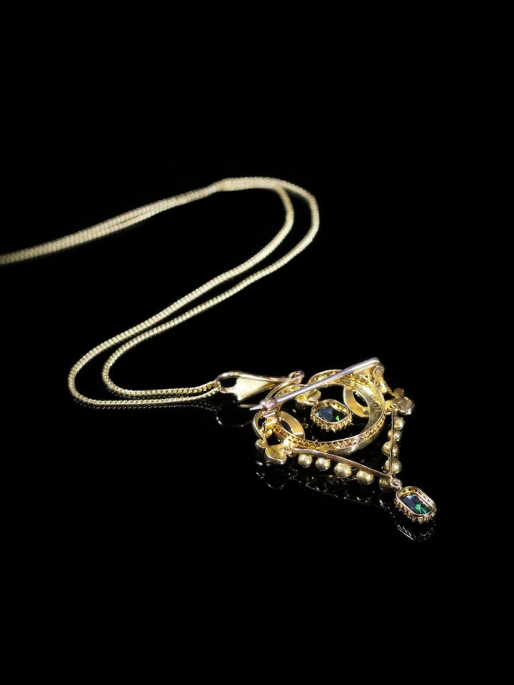 Antique 15ct Yellow Gold Green Tourmaline and Pearl Pendant